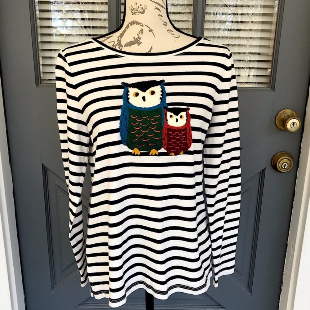 Sz M Talbots Navy and White Striped Embroidered Owl Friend Top